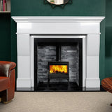 Polished polar white fireplace surround with black stove and grey stone insert