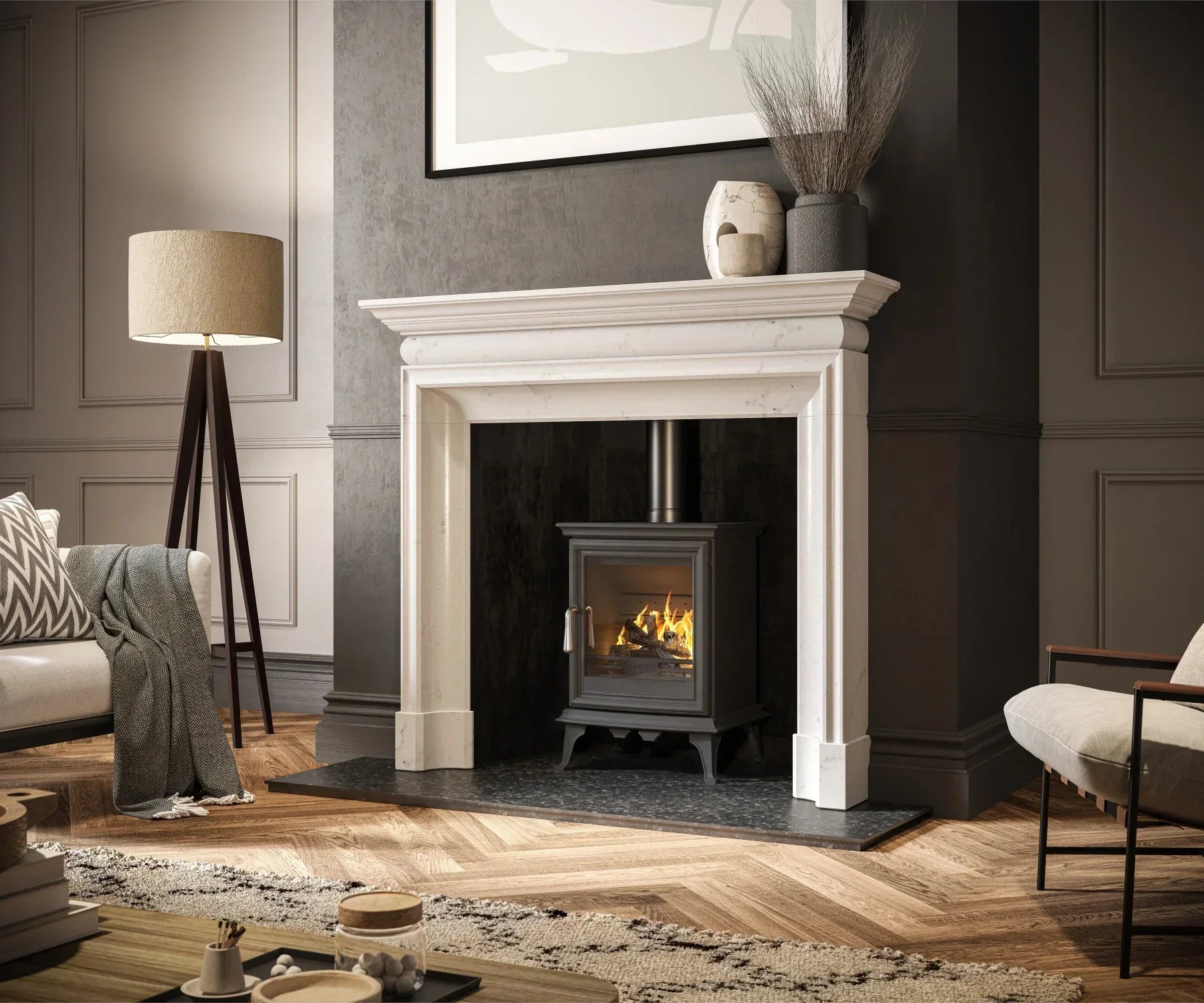 Modern wood burning stove in marble fireplace surround in stylish living room setting