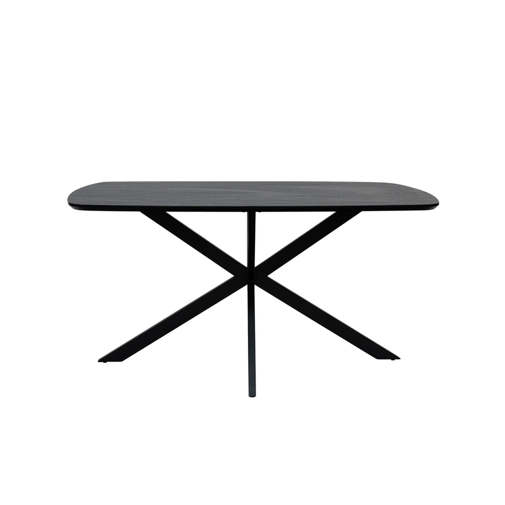 A modern rectangular dining table with a dark gray wood-grain top and a black metal X-shaped base, shown against a plain white background.
