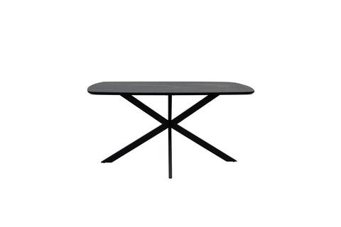 A modern rectangular dining table with a dark gray wood-grain top and a black metal X-shaped base, shown against a plain white background.