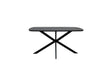 A modern rectangular dining table with a dark gray wood-grain top and a black metal X-shaped base, shown against a plain white background.