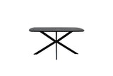 A modern rectangular dining table with a dark gray wood-grain top and a black metal X-shaped base, shown against a plain white background.