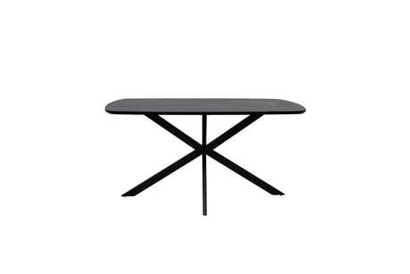 A modern rectangular dining table with a dark gray wood-grain top and a black metal X-shaped base, shown against a plain white background.