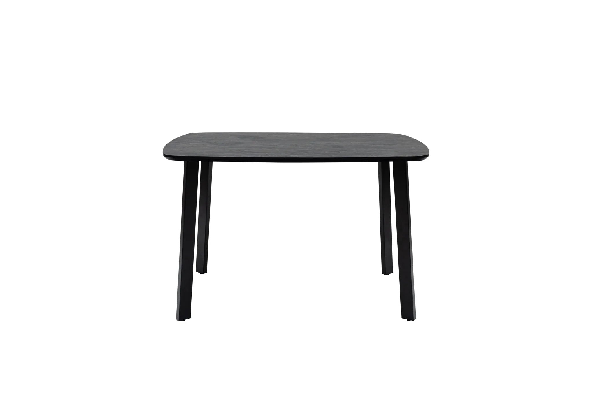 A minimalist black rectangular table with rounded corners and four tapered legs, shown against a plain white background.