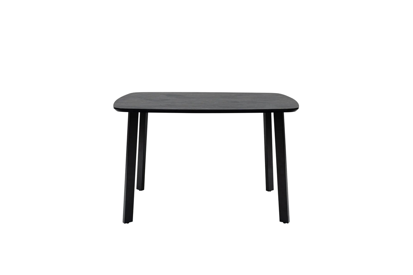 A minimalist black rectangular table with rounded corners and four tapered legs, shown against a plain white background.