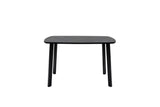 A minimalist black rectangular table with rounded corners and four tapered legs, shown against a plain white background.