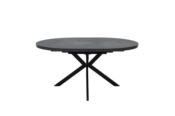 A round black dining table with a dark textured top and a black metal X-shaped pedestal base, shown against a plain white background.