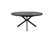 A round black dining table with a dark textured top and a black metal X-shaped pedestal base, shown against a plain white background.