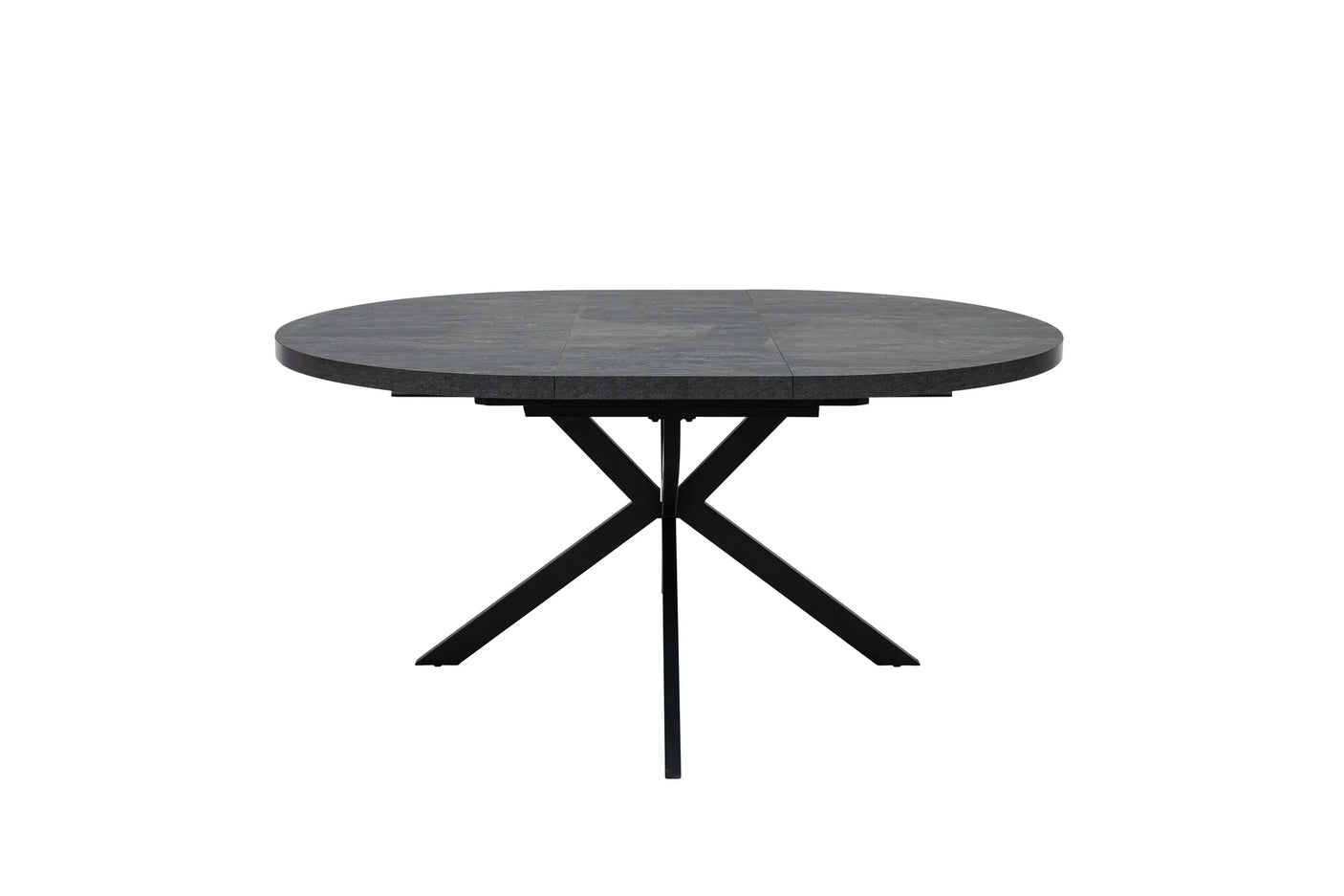 A round black dining table with a dark textured top and a black metal X-shaped pedestal base, shown against a plain white background.