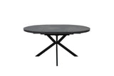 A round black dining table with a dark textured top and a black metal X-shaped pedestal base, shown against a plain white background.