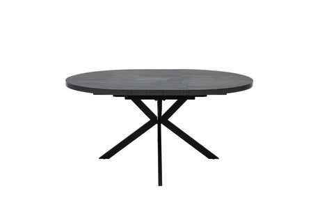 A round black dining table with a dark textured top and a black metal X-shaped pedestal base, shown against a plain white background.