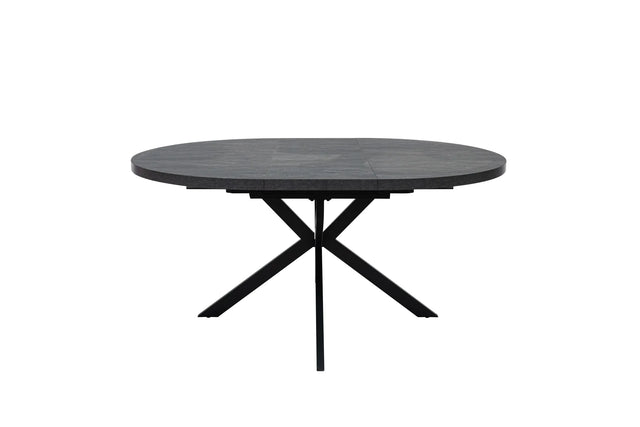 A round black dining table with a dark textured top and a black metal X-shaped pedestal base, shown against a plain white background.