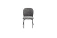 A modern gray upholstered dining chair with a rounded backrest and slim black metal legs, shown against a plain white background.