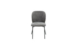 A modern gray upholstered dining chair with a rounded backrest and slim black metal legs, shown against a plain white background.