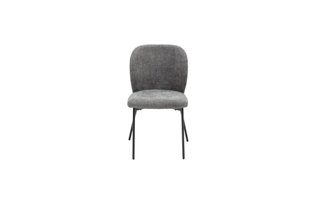 A modern gray upholstered dining chair with a rounded backrest and slim black metal legs, shown against a plain white background.