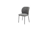 A modern dining chair with a textured gray fabric upholstered seat and curved backrest, supported by slim black metal legs, shown against a plain white background.