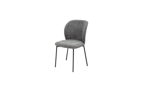 A modern dining chair with a textured gray fabric upholstered seat and curved backrest, supported by slim black metal legs, shown against a plain white background.