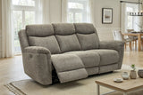 A three-seat power reclining loveseat sofa upholstered in textured gray fabric, shown in a bright, modern living room with one seat reclined.