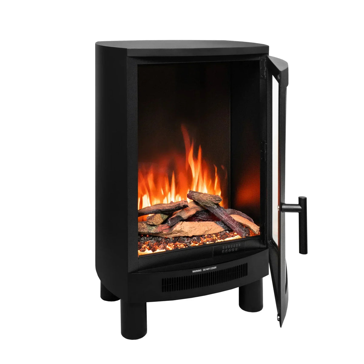 Black electric stove heater with open glass door and realistic flame effect