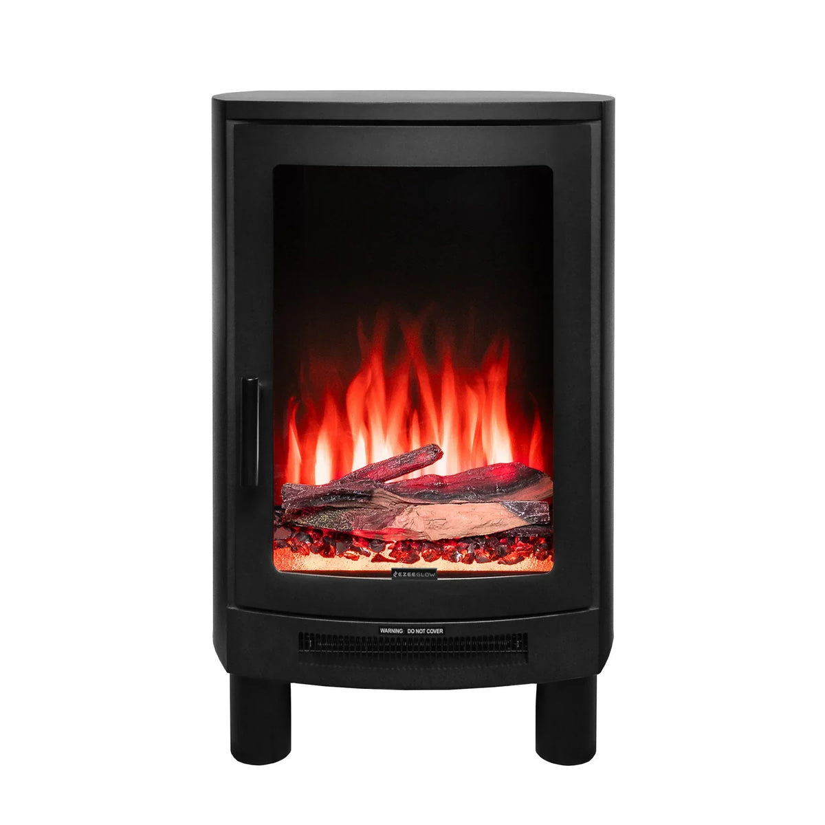 Black freestanding electric fireplace stove with realistic log and flame effect