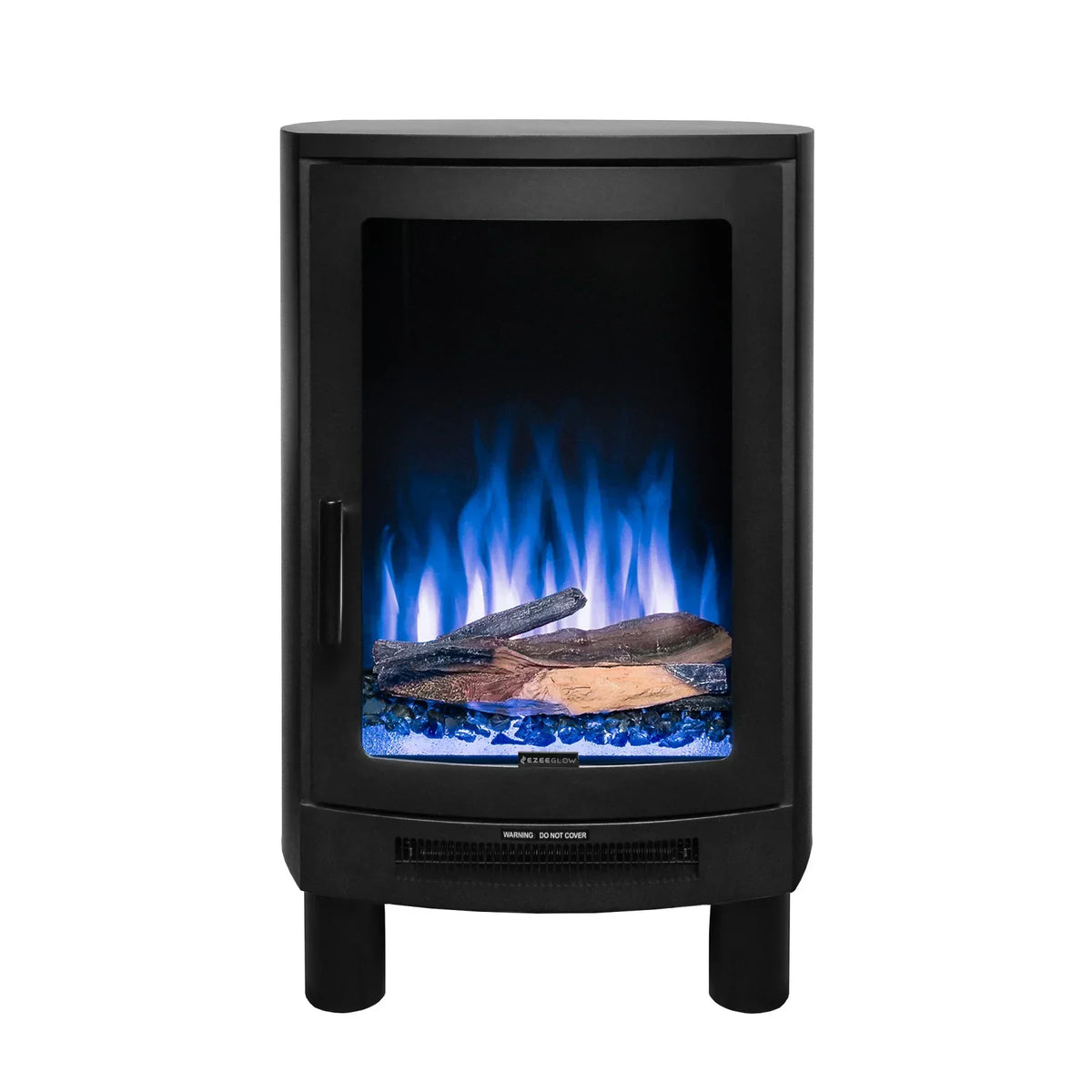 Black electric fire stove with blue flame effect and log feature, front-facing view