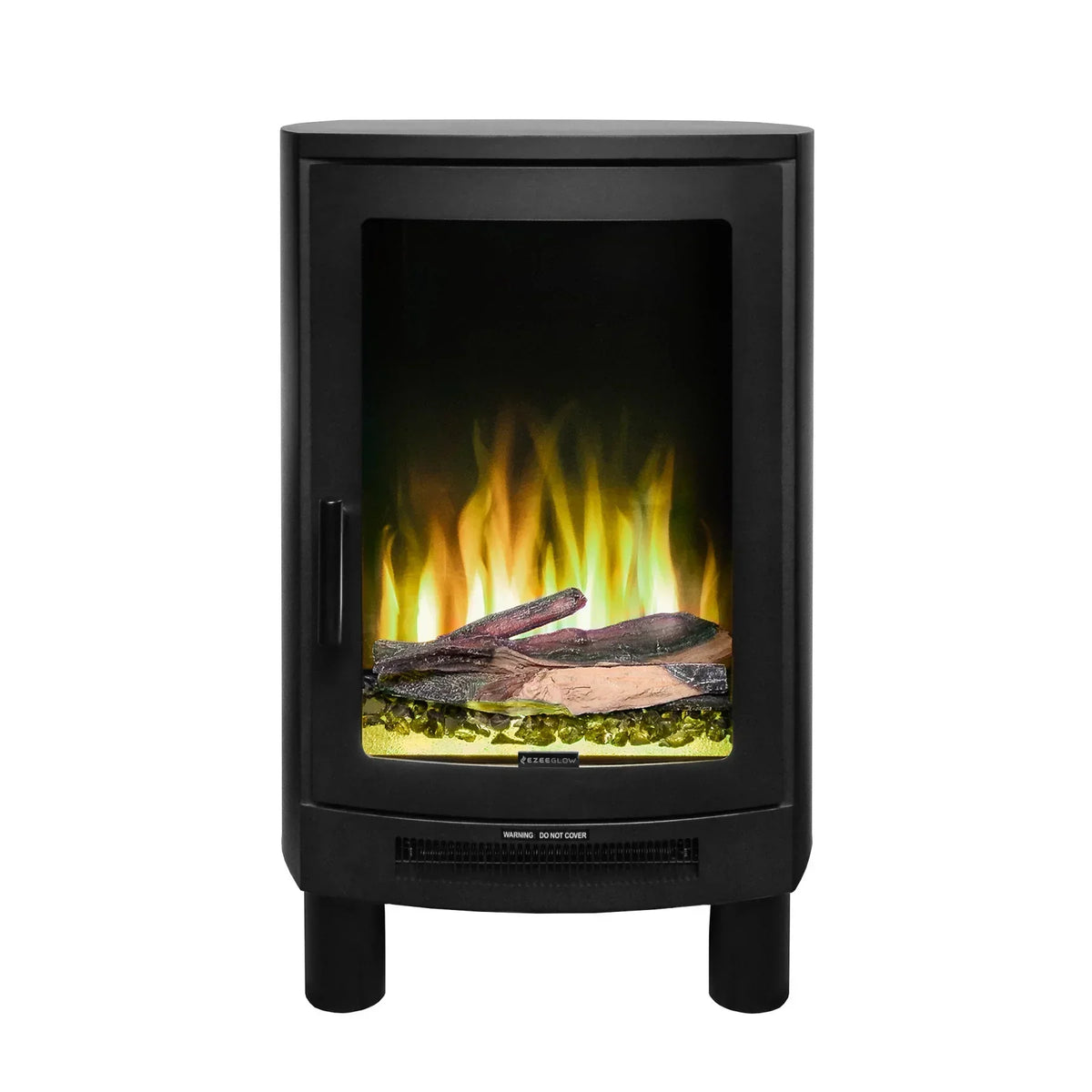 Black electric stove heater with realistic flame effect and logs, front view