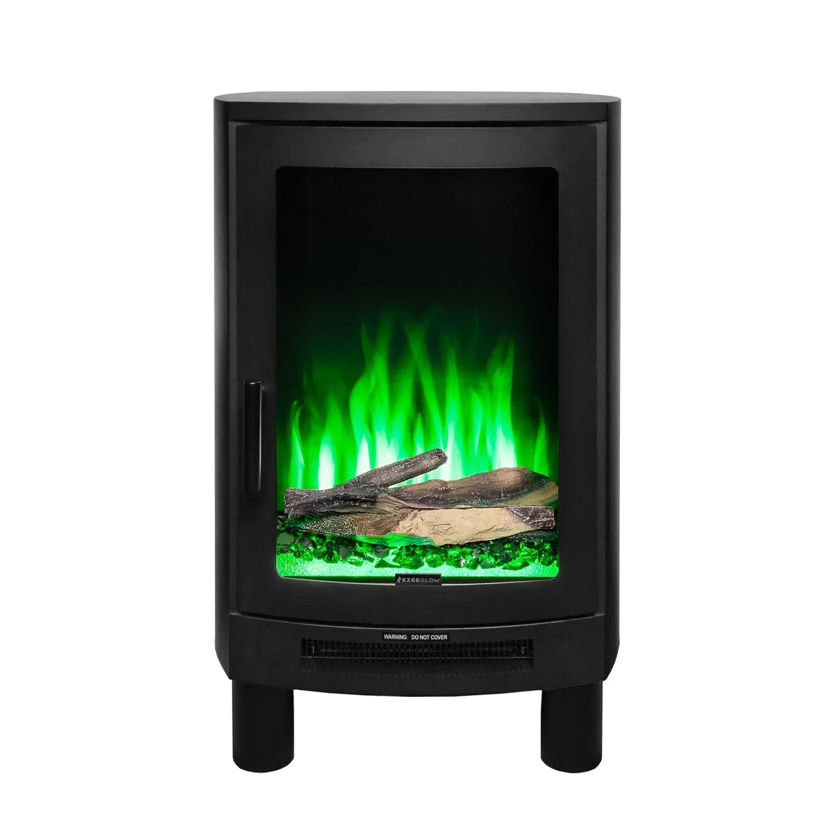 Black electric stove heater with realistic green flame effect and log detail front view