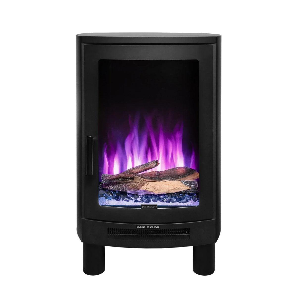 Black electric stove heater with purple LED flame effect and faux log display
