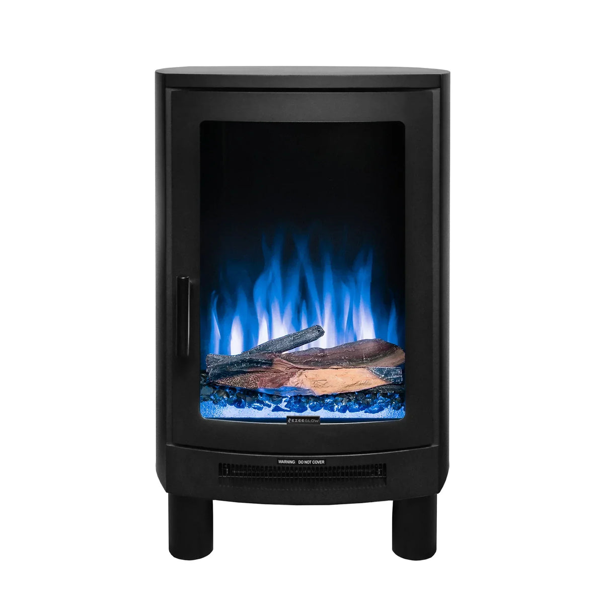 Black electric stove heater with blue flame effect and log detail front view