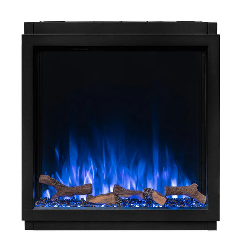 Modern electric fireplace, Ezee Glow Celestial 750 Built In Fire, with glowing flames.