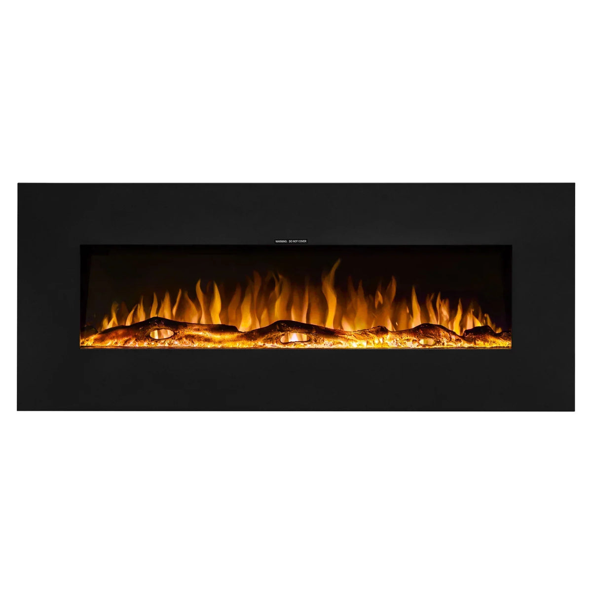 Black wall mounted electric fire with realistic flame effect and log details
