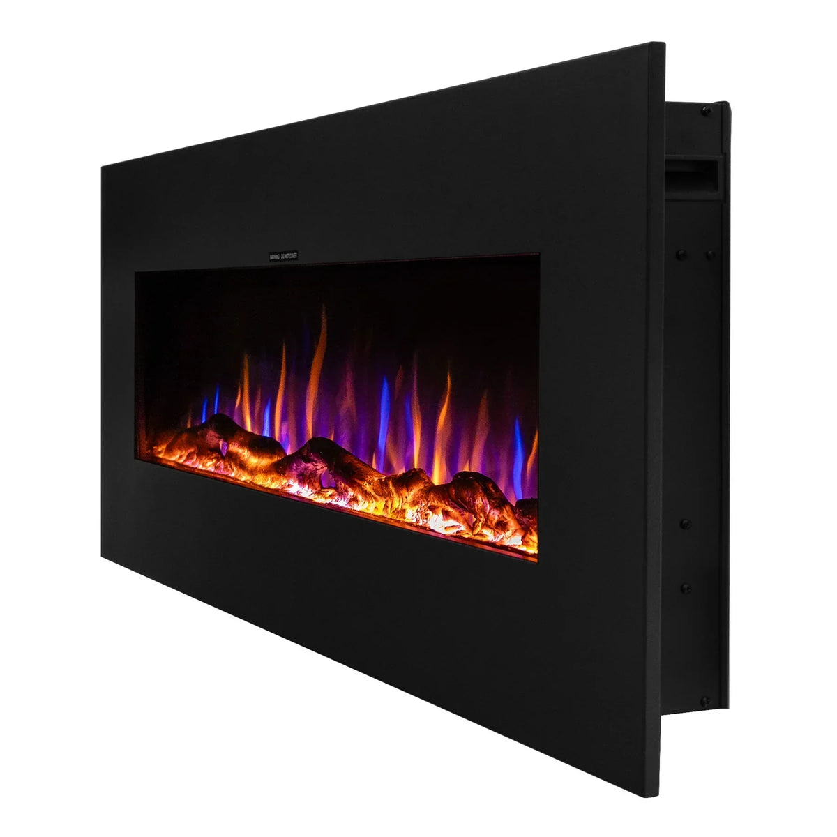 Black wall mounted electric fire with realistic multicolour flame effect, side view