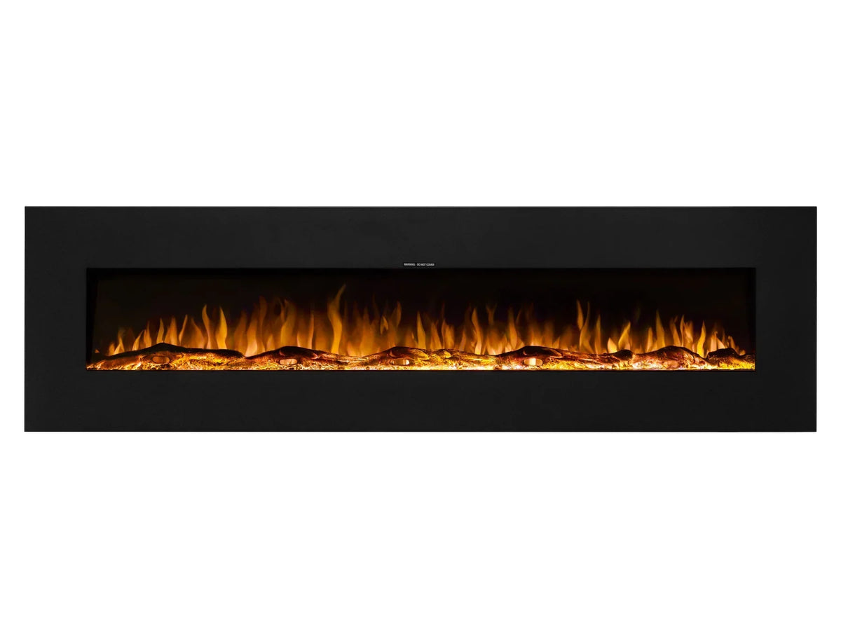 Modern electric fireplace with black frame and realistic flame effect