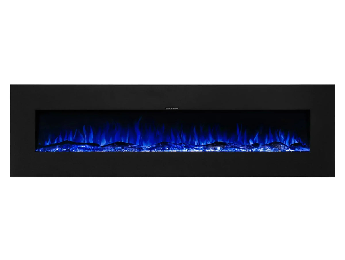 Modern electric fireplace with black frame and blue LED flame effect