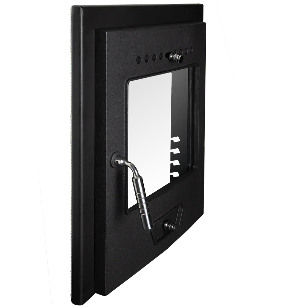 Black fire door with glass panel and metallic handle, left side view