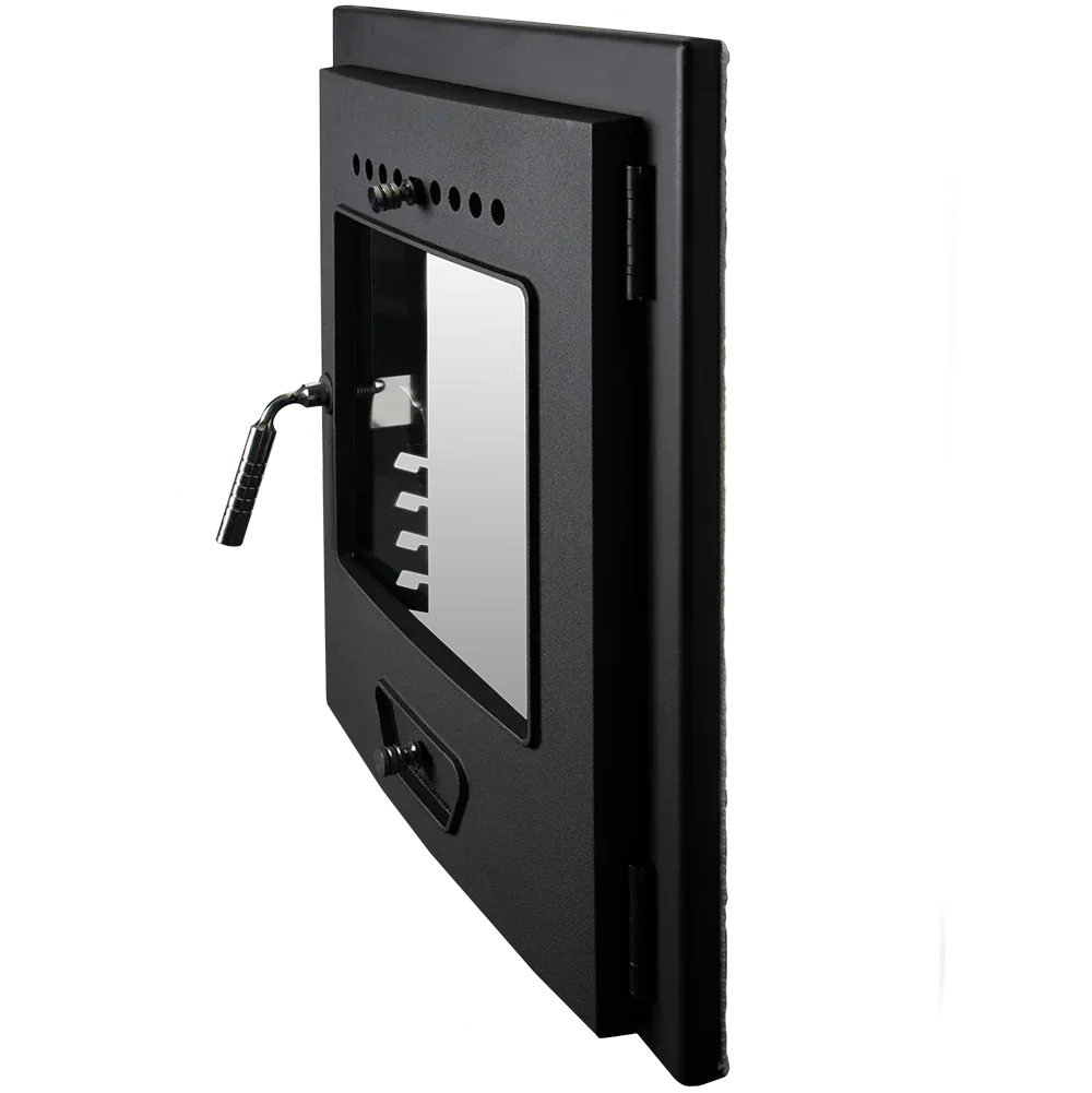 Black steel fire door with glass window, angled view showing handle and vent details