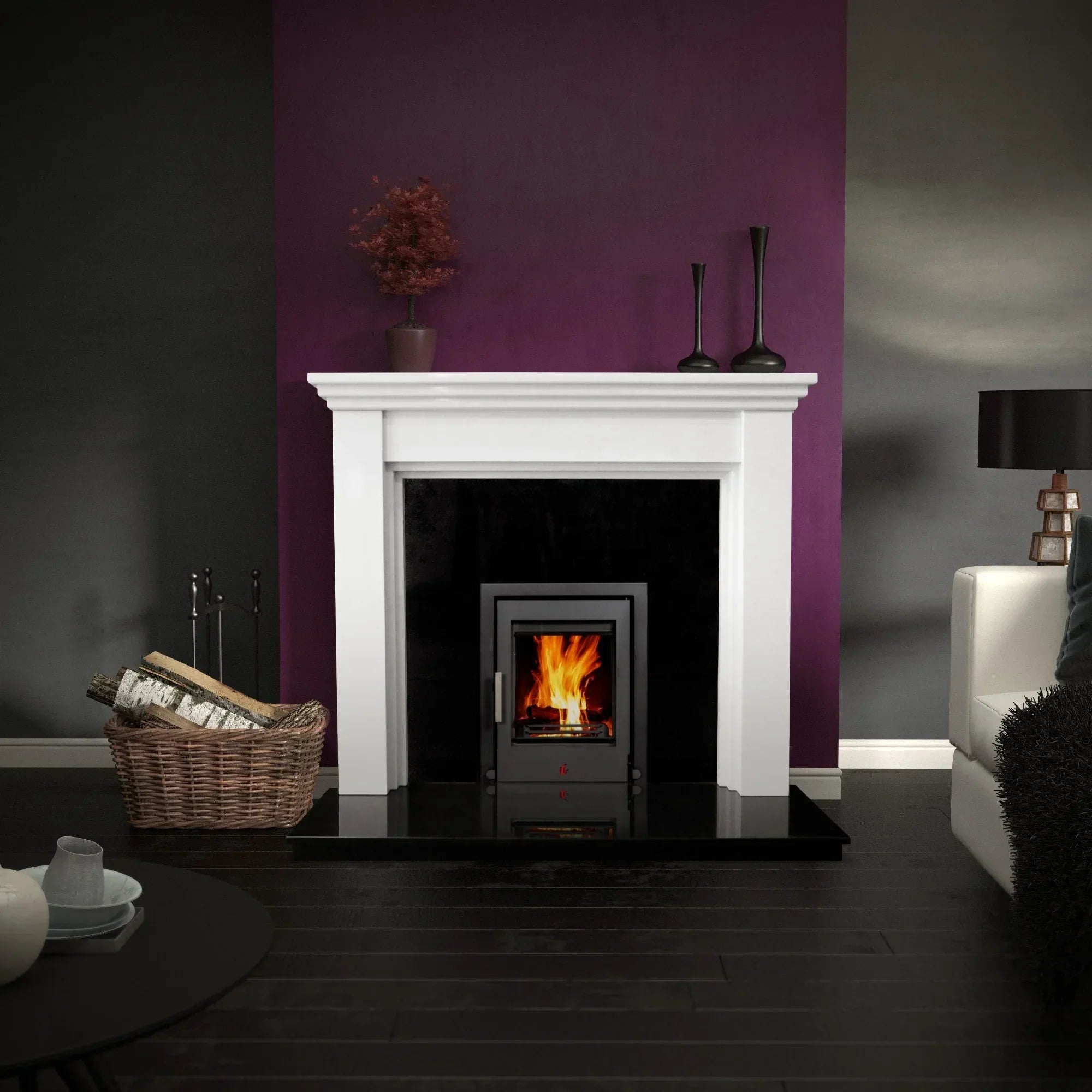 Antoinette polar white fireplace mantel with modern wood burner in contemporary living room
