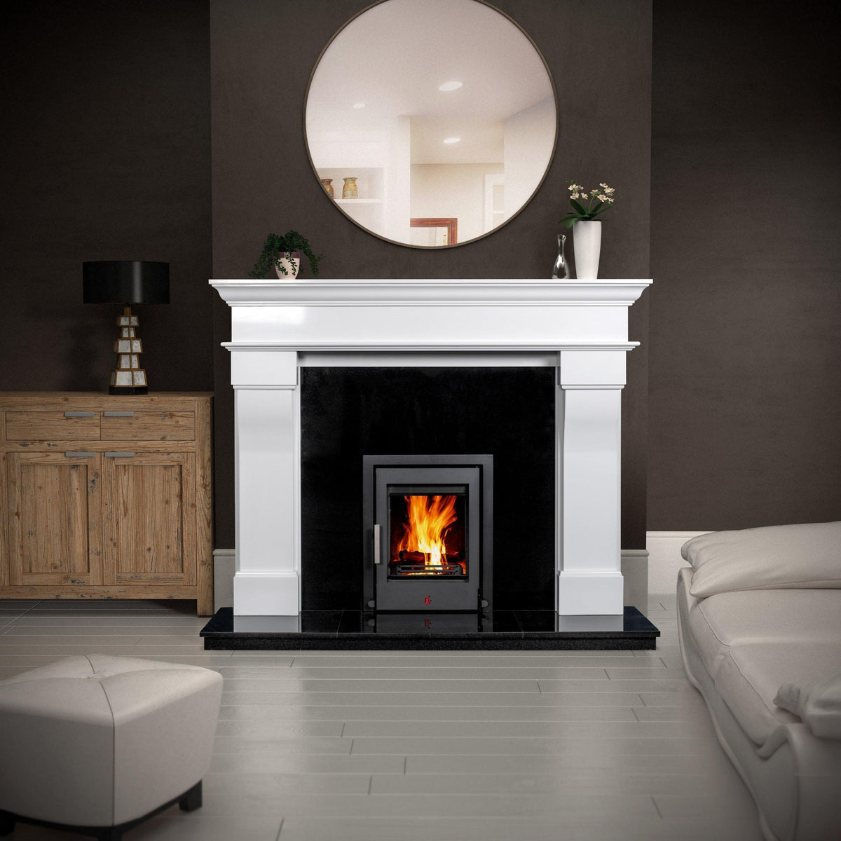 Bordeaux Polar White fireplace with black insert and wood burning stove in modern living room