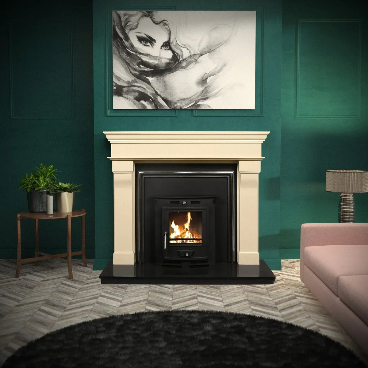 Bordeaux ivory cream fireplace with black insert in modern living room with green walls