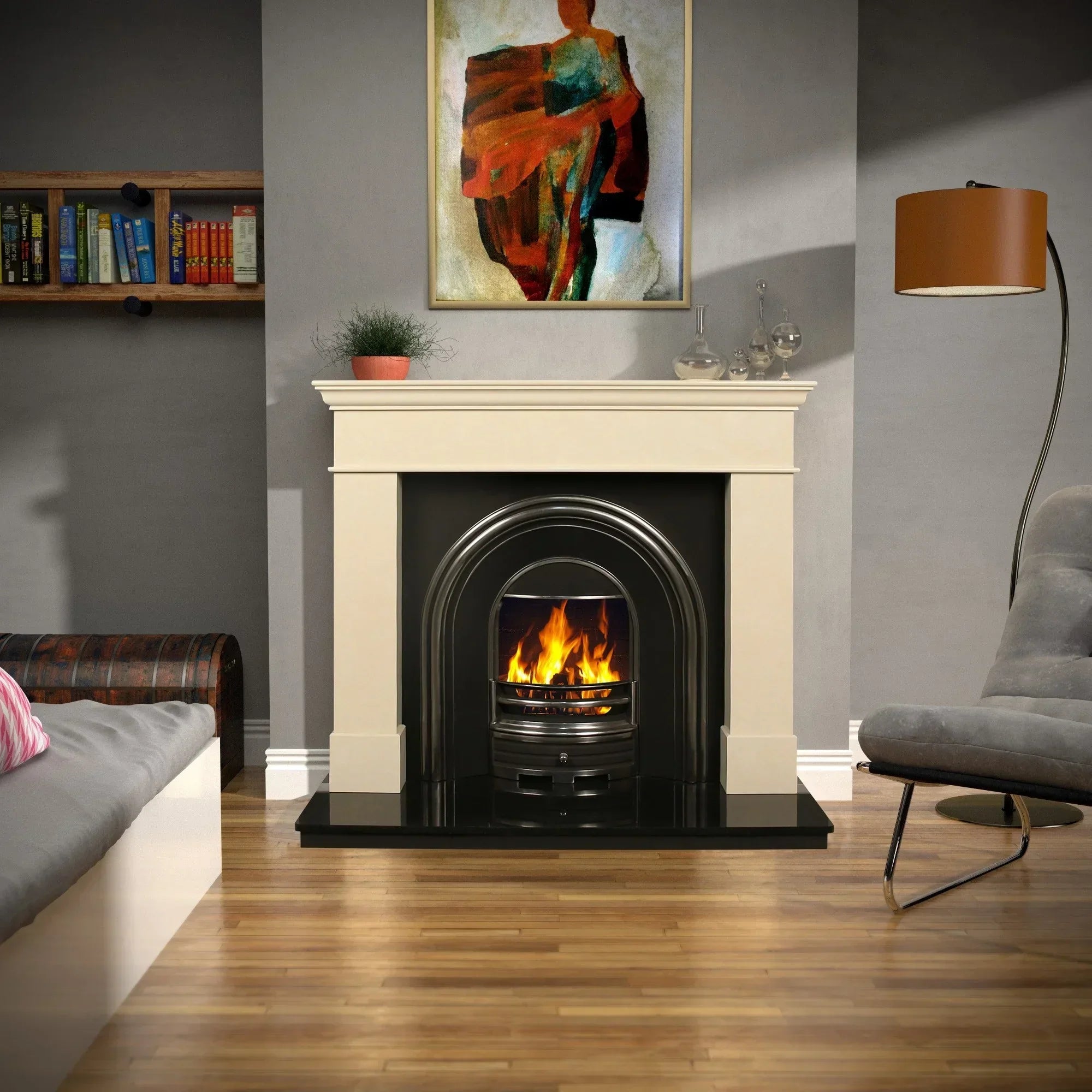 Ivory cream fireplace suite with black cast iron insert and burning fire in modern living room