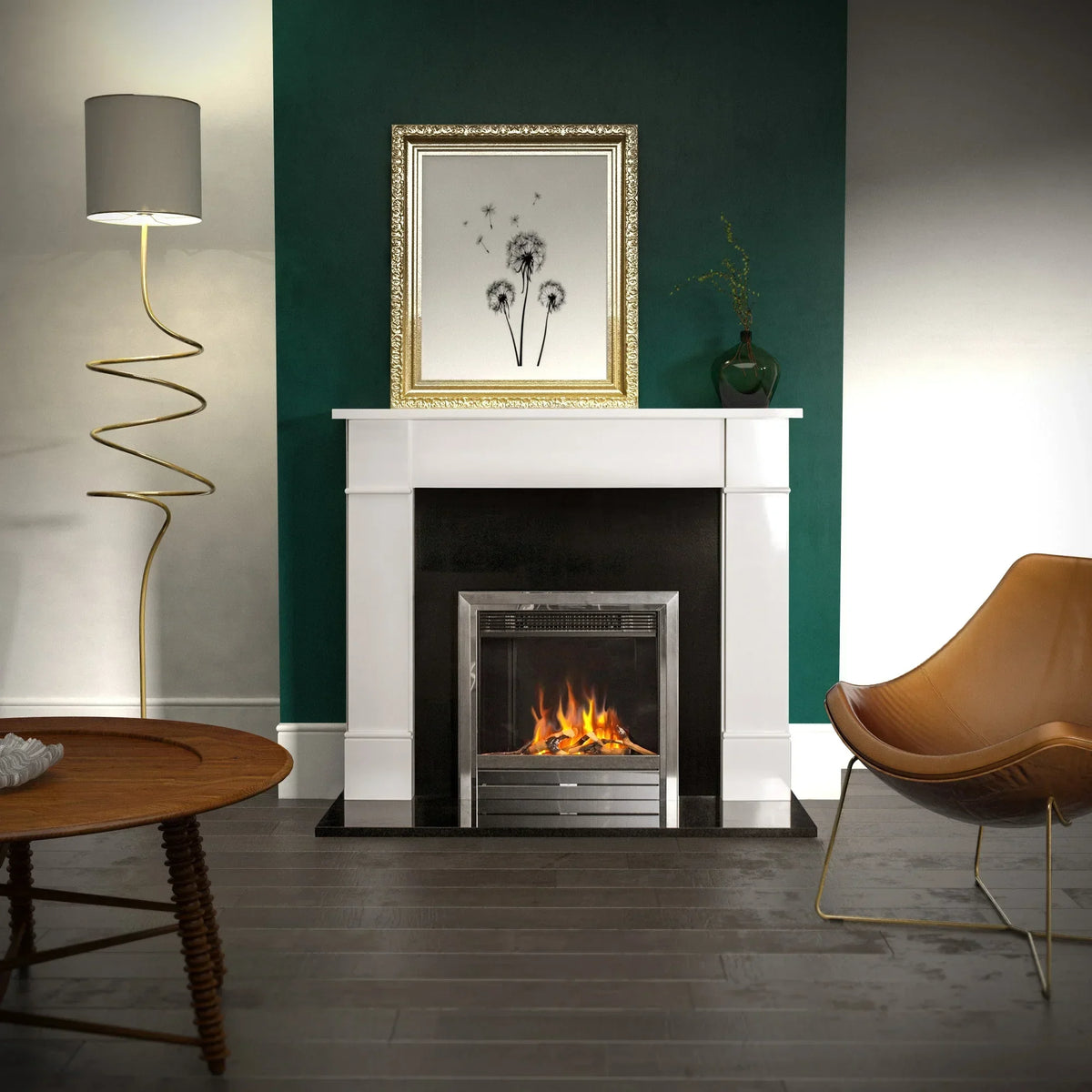 Modern living room with Naxos Polar White fireplace and wall art above, wood flooring