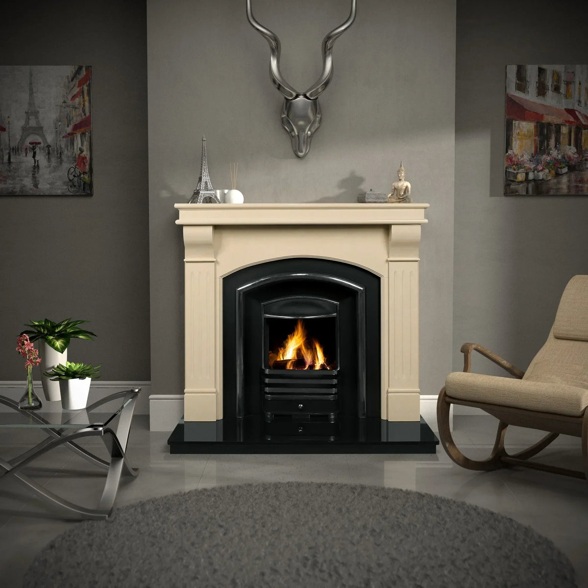 Roma ivory cream fireplace with black insert in modern living room setting