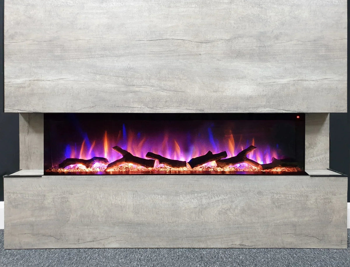 Modern electric fireplace with stone effect surround and glowing LED flame display