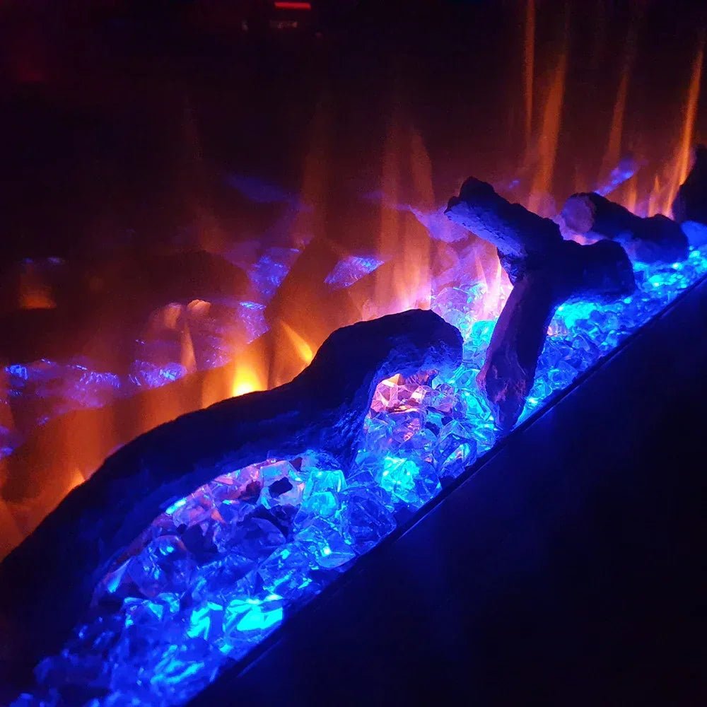 Electric fire featuring realistic flame effect, blue LED crystals, and log detail
