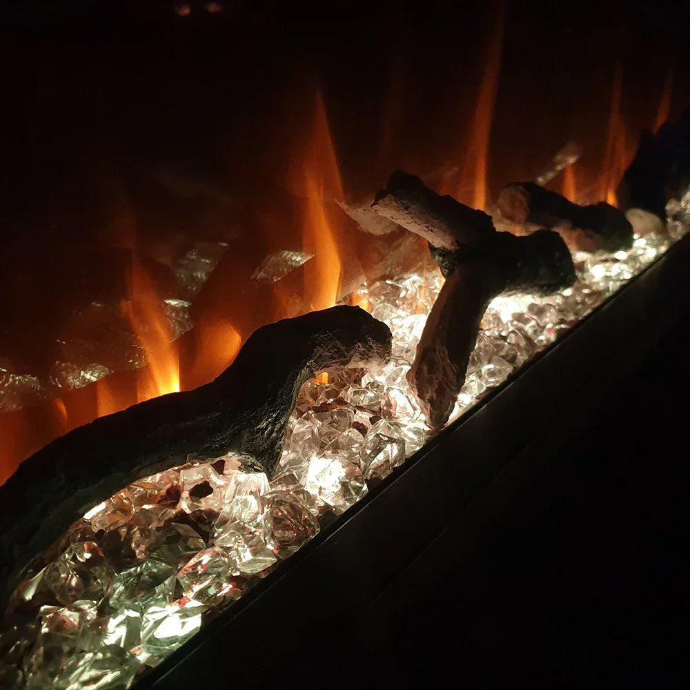 Electric fireplace flames with glowing crystal bed and log effect
