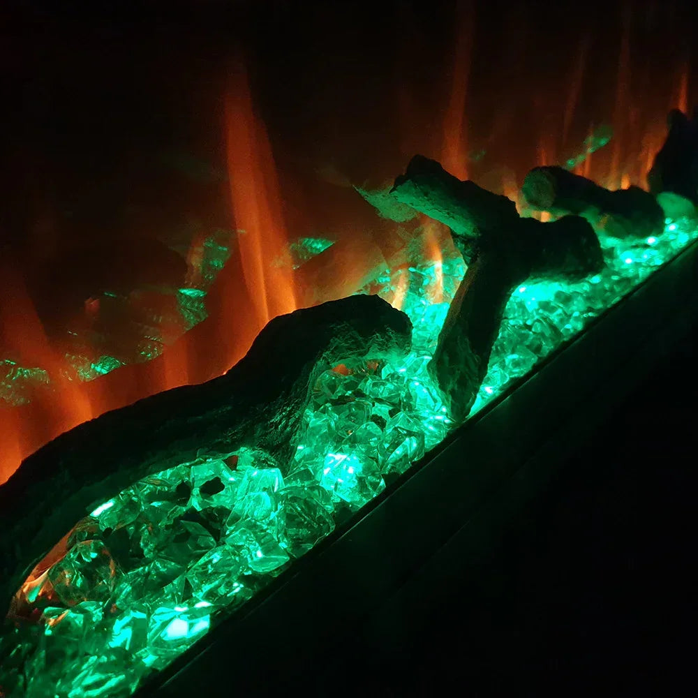 Electric fireplace logs with glowing green crystals and realistic flame effect