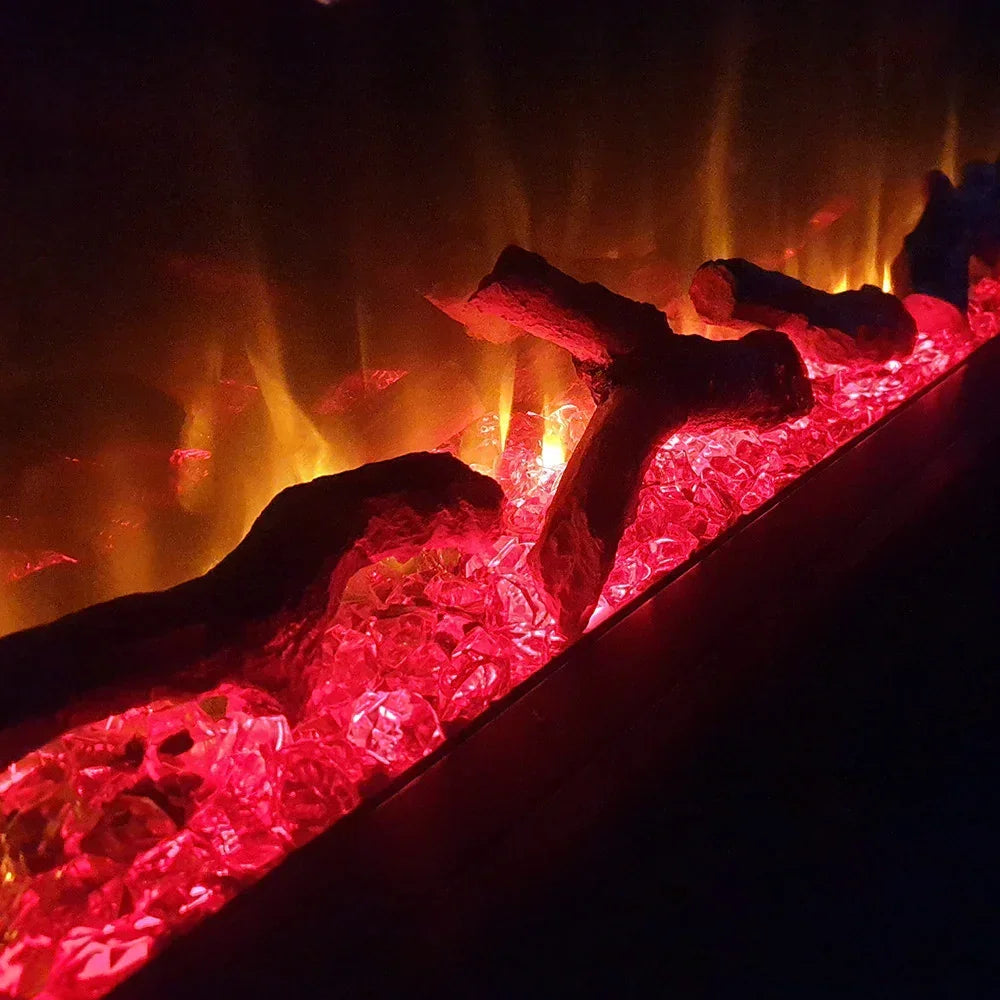 Electric fireplace with glowing ember bed, artificial logs, and realistic flame effect
