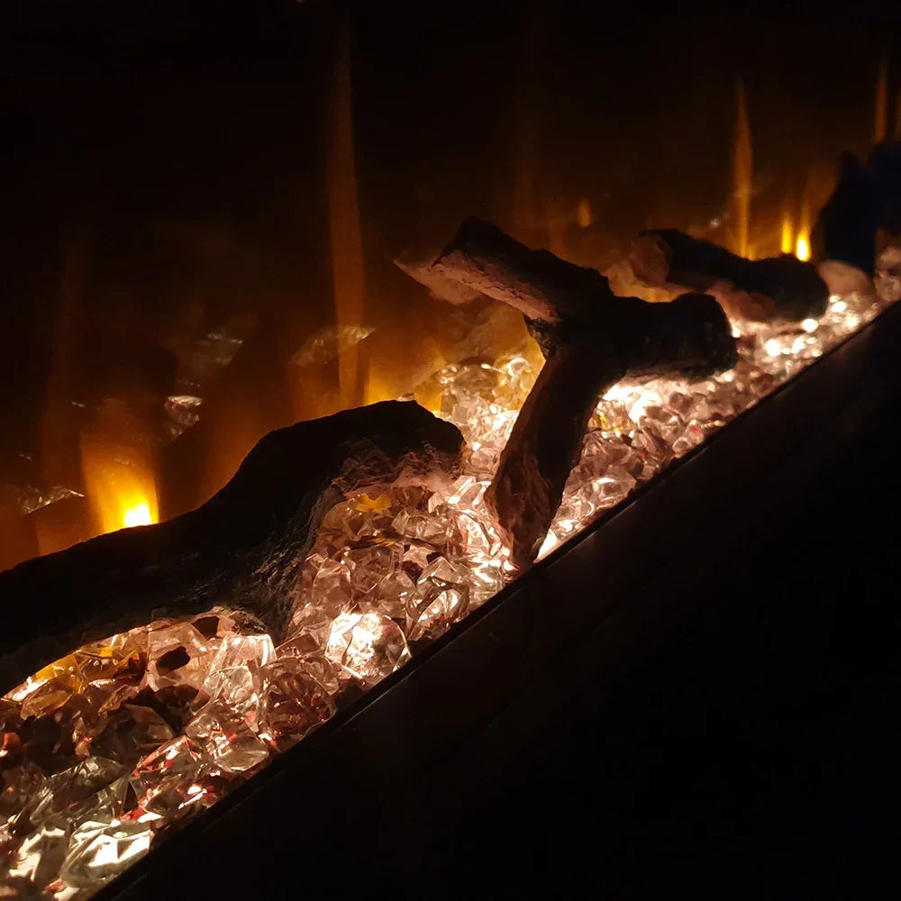 Electric fireplace with realistic flame effect, decorative logs, and crystal ember bed