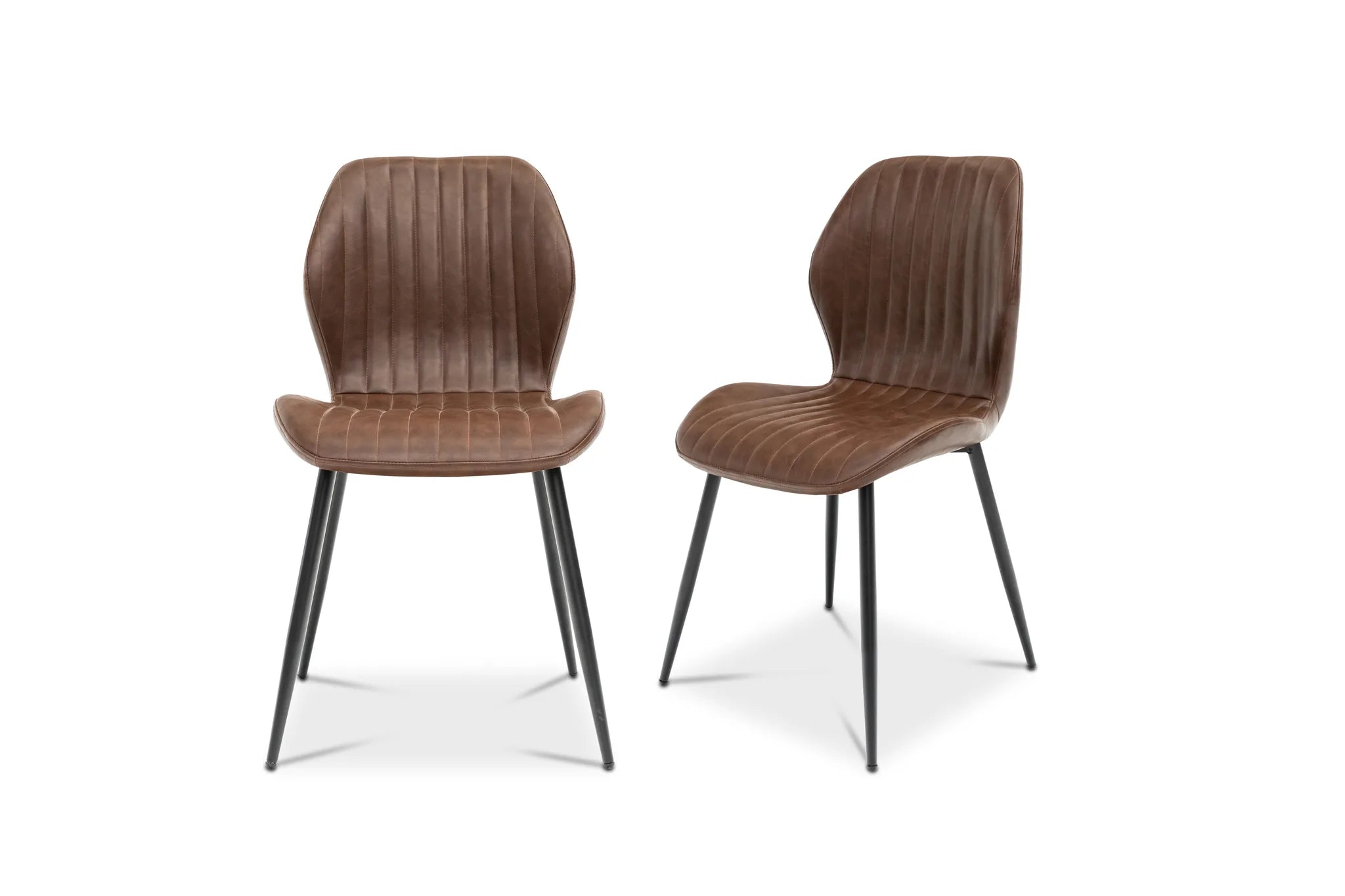Two modern dining chairs with brown vertically channel-tufted faux leather seats and slim black metal legs, shown against a plain white background.