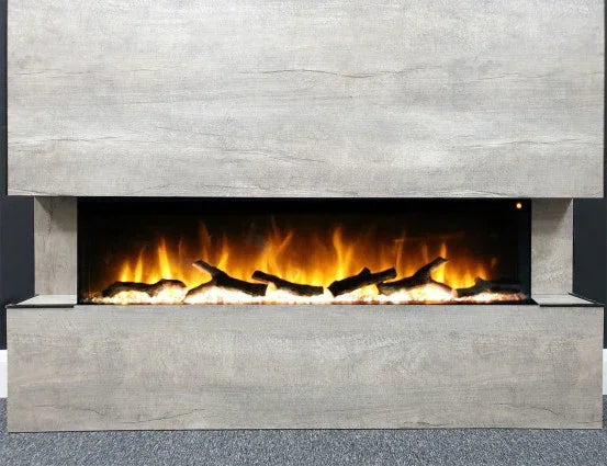 Modern electric fireplace set in grey stone surround with realistic flame effect